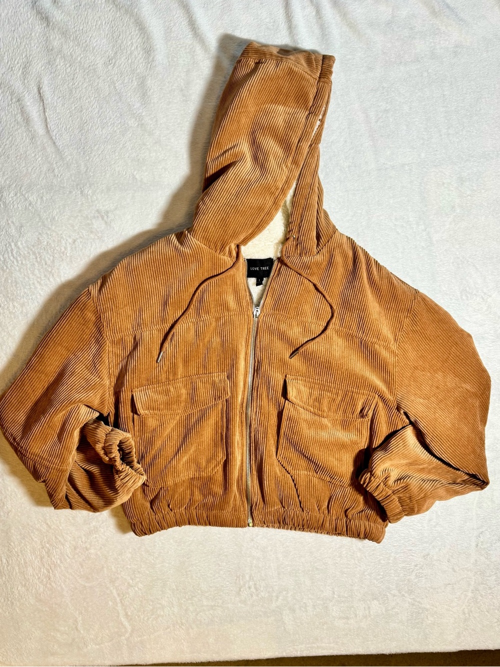 Love Tree Corduroy Hooded Bomber Jacket in Tan